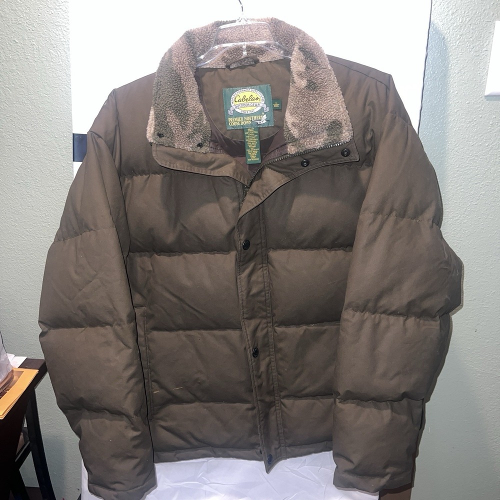 Cabelas Men L Puffer Jacket Northern Goose Down Sherpa Camo Collar Hunt Utility
